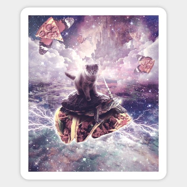 Cat Riding Unicorn Turtle on Taco Sticker by Random Galaxy